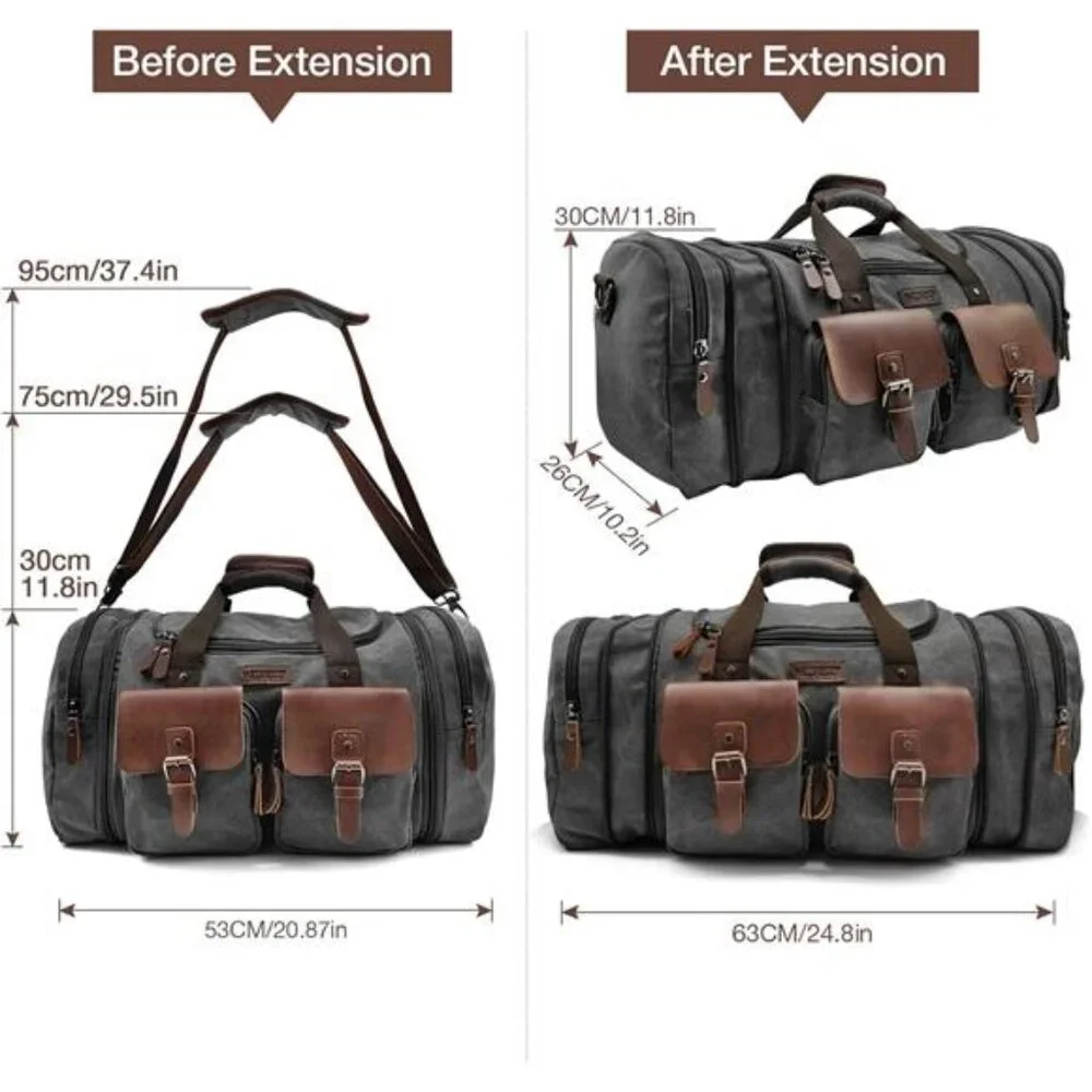 50L Travel Duffel Bag Expandable Canvas Leather Weekender Overnight Carry On Bag